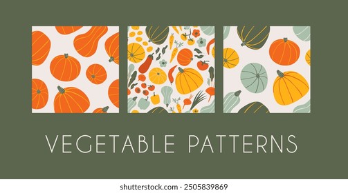 Set of Vegetable patterns with pumpkin, pepper, tomatoes, beets. Autumn harvest endless background design. Vegetarian food and Natural fresh farm produce. Flat vector illustration
