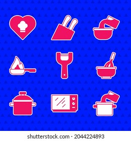 Set Vegetable peeler, Microwave oven, Cooking pot, Kitchen whisk with bowl, Frying pan, Saucepan and Chef hat icon. Vector