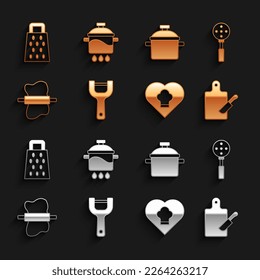 Set Vegetable peeler, Spatula, Cutting board and knife, Chef hat, Rolling pin on dough, Cooking pot, Grater and  icon. Vector