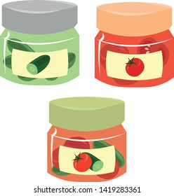 Set of vegetable pickles. Oiled cucumbers, tomatoes in glass jars. Canning.
