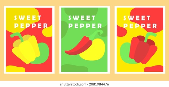 Set of vegetable posters. Collection of bright elements for websites, cards with goods for grocery store. Sweet peppers, vivid pictures. Cartoon flat vector illustrations isolated on beige background