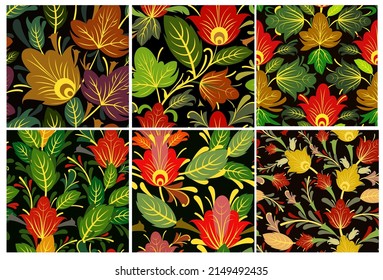 Set of Vegetable seamless pattern. Cool ornament. Interlacing of branches and flowers. Background illustration. Elegant fashionable. Flat Vector.