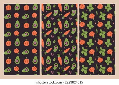 Set of vegetable seamless patterns with avocado, onion, paprika, carrot. Organic healthy food backgrounds with veggies for vegan menu, vegetarian merch, wrapping paper, fabric, wallpaper, packaging.