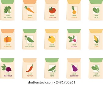 Set of vegetable seeds packages isolated on white background. Packs of plant seeds. Vector illustration. 