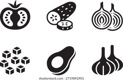 Conjunto de silhuetas vegetais, isoladas em um fundo branco, perfeito para comida, culinária, estilo de vida saudável e projetos de ilustração.