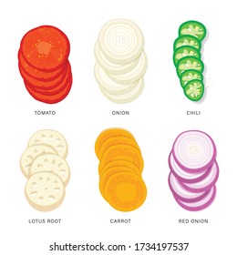 Set of Vegetable Slices. Organic and healthy food isolated element Vector illustration.