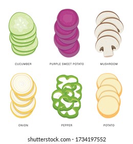 Set of Vegetable Slices. Organic and healthy food isolated element Vector illustration.