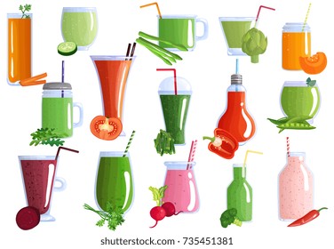 Set of vegetable smoothies from carrot, asparagus, beet, parsley, radish in glasswares with straws isolated vector illustration