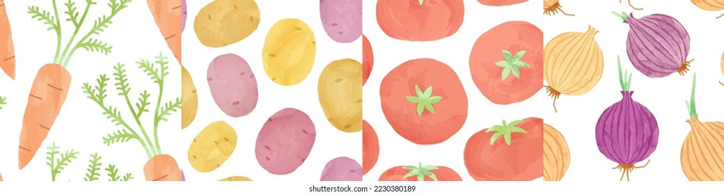 Set of vegetable watercolor drawing seamless pattern. Natural organic cooking ingredient background collection for restaurant, food recipe or healthy eating concept. Includes carrot, onion and tomato.