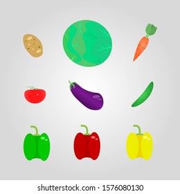 A set of vegetables of 10 pieces. Potato, tomato, cucumber, pepper, eggplant, cabbage, carrot, sweet pepper.