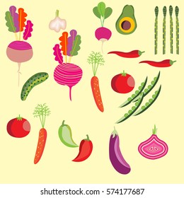 Set of vegetables. Avocado, tomato, cucumber, eggplant, garlic, onions, peppers, carrots, beets, radishes and asparagus isolated on white.