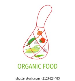 Un conjunto de verduras. Verduras en una bolsa, una bolsa de cuerdas. Productos ecológicos frescos. Ilustración vectorial.