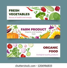 Set of vegetables banner. Standard web design size. Vector bright colorful fresh food illustration on white background in simple cartoon flat style.