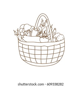 A set of vegetables in a basket, the handwritten sketch on the white isolated background drawn with a brush