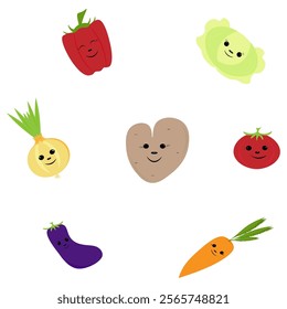 Set of vegetables bell pepper cabbage onion tomato eggplant carrot potato in the shape of a heart. Vector illustration