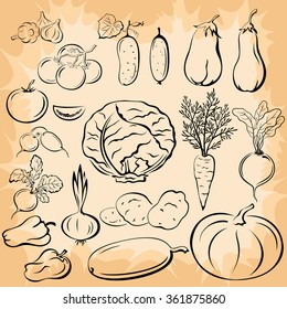 Set Vegetables, Black Pictograms on Beige Background with Frame of Blots, Vintage Style. Vector