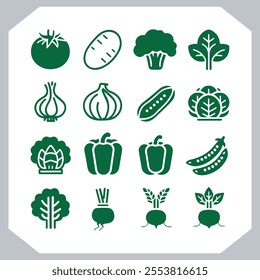 Set of vegetables black silhouette Carrot, potato, tomato, cucumber, onion, garlic, cauliflower, bell pepper, cabbage vector icon
