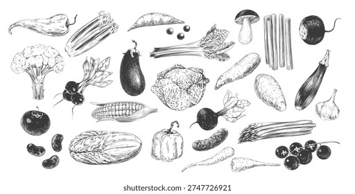Set of vegetables. Black and white collection of vegetables. Engraving style cabbage, corn, lettuce, eggplant, zucchini, radish, paprika, sweet potato, parsnip. Ingredients for cooking