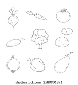 A set of vegetables, black and white contour illustration with a line, a sketch drawn by hand, isolated on white, vector. An element for decoration, labels, and embellishments. Healthy vegan food