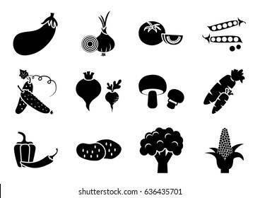 Set of vegetables, black and white silhouette, vector illustration