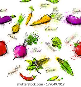 Set of vegetables from blots. Vegetables seamless pattern. Vector illustration