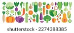 Set with vegetables: broccoli, cucumber, cauliflower, tomato, pumpkin, zucchini, eggplant, carrot, pepper, beetroot. Healthy vegan food. Vector icons isolated on a white background. Simple flat style.