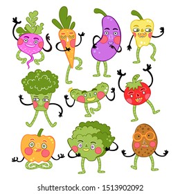 Set vegetables: broccoli, eggplant, radish, salad, tomato, cucumber, pumpkin, carrot, pepper, potato. Cartoon. Characters. Isolated vector objects on a white background.