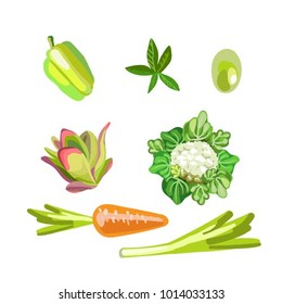 Set of vegetables. Cabbage, carrots, lemon and onions. Isolated objects. Vector.