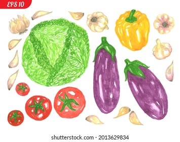Un conjunto de verduras, col, calabaza, tomates, ajo, entero y rodajas, pimientos aislados en un fondo blanco. Ilustración vectorial. Un conjunto de verduras de color, para publicidad, menú, texto
