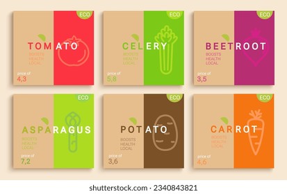 Juego de tarjetas de verduras.Celería, zanahoria, tomate, remolacha, espárragos, volantes de papa para alimentos saludables en un mínimo de estilo plano.Plantilla para el diseño de mercados locales y granjas ecológicas,etiqueta de precio,póster.Vector