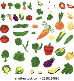 Set of vegetables. Carrot, artichoke, broccoli, onion, eggplant, tomato, bell pepper, cabbage, peas, corn. Vector hand draw cartoon illustration.