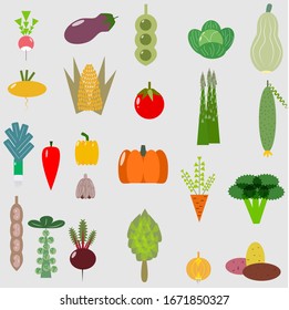 set of vegetables : carrot,onion,pepper,beet,garlic,tomato,green peas,cabbage,eggplant,pumpkin,potatoes,leek,asparagus,artichoke,broccoli,Brussels sprouts,zucchini,beans,cucumber, corn,turnip,chili