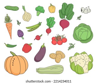 Conjunto de verduras. Estilo de caricatura.
