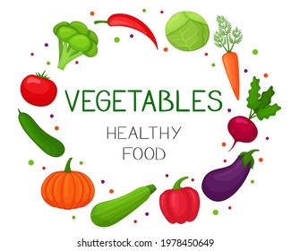 Set of vegetables in cartoon style. Healthy food frame vector illustration. Isolated on white background.
