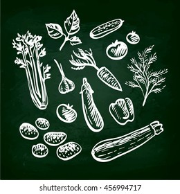 Set of vegetables. Chalk sketch on blackboard. Hand drawn vector illustration. Retro style.