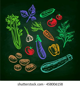 Conjunto de verduras. Esbozo de alk en la pizarra. Ilustración vectorial dibujada a mano. Estilo retro.