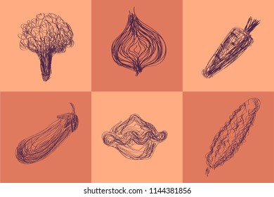 set of vegetables. chaotic hatching