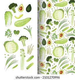 Set of vegetables. Chinese-cabbage, White-cabbage, Squash, green Leek, Green onion, Tats, Asparagus, Broccoli, Avocado, Peas, cucumbers, Parsley, Celery. Healthy nutrition. Vegan. Vector illustration.