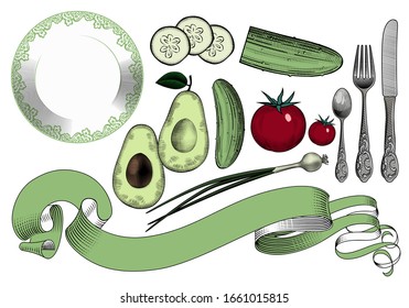 Set of vegetables. Collection of vegetables and dishes on a white background. Green cucumber, green onion, avocado and red tomato. Vintage engraving color stylized drawing. Vector illustration