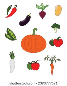 set of vegetables collection of various types of multiple season, pepper, eggplant, beet, radish, broccoli, potato, tomato and more