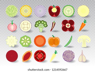 Set vegetables.  Colorful vegetables cut in half, isolated, cabbage, corn, onion, pepper, cucumber, potato, momordica, tomato, beet, garlic, radish, eggplant, parsnip, okra, carrot, beans, pumpkin.