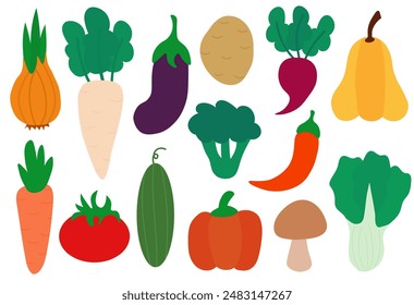 Set of vegetables. Concept of healthy food and products. Summer element for your design. Collection farm product. Vector flat cartoon illustration.