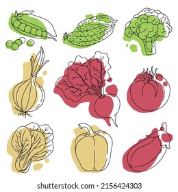 Set of vegetables. Contour and colored spot. Peas, cucumber, broccoli, onion, beetroot, tomato, cabbage, pepper, eggplant.