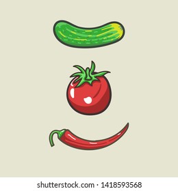 Set of vegetables doing sport - bell pepper, cucumber, eggplant, tomato, apple, carrot, broccoli, cartoon vector illustration isolated on white background. Cute and focused vegetable characters