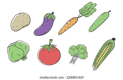 Set of vegetables in doodle style. Cucumber, carrot, corn, broccoli, potato. tomato, eggplant, cabbage.