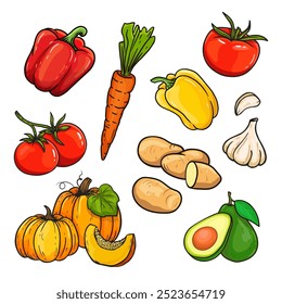 conjunto de vegetais em estilo doodle. Legumes desenhados à mão com abóbora, batatas, alho, cenoura, pimentos, tomates. Esboço de um vegetal. Ilustração vetorial