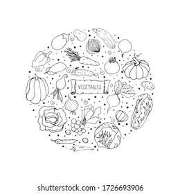 Está rodeado de verduras. Estilo Doodle. Ilustración aislada de vectores con tomate, cebolla, zanahoria,   pepino, remolacha, zucchini, col, calabazas, berenjena, patata, rábano, guisantes sobre fondo blanco.