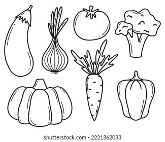 Conjunto de verduras. Estilo Doodle. Ilustración vectorial. Colección de verduras lineales. Broccoli, berenjena, cebolla, zanahoria, pimienta, calabaza.