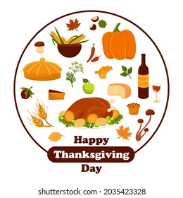 A set of vegetables, duck dishes and fall foliage for Thanksgiving Day. Cartoon vector illustration of a harvest and cooking food for a festive dinner.