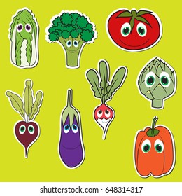 Set of Vegetables with eyes. Cute doodle vegetables in Flat Style Vector Isolated